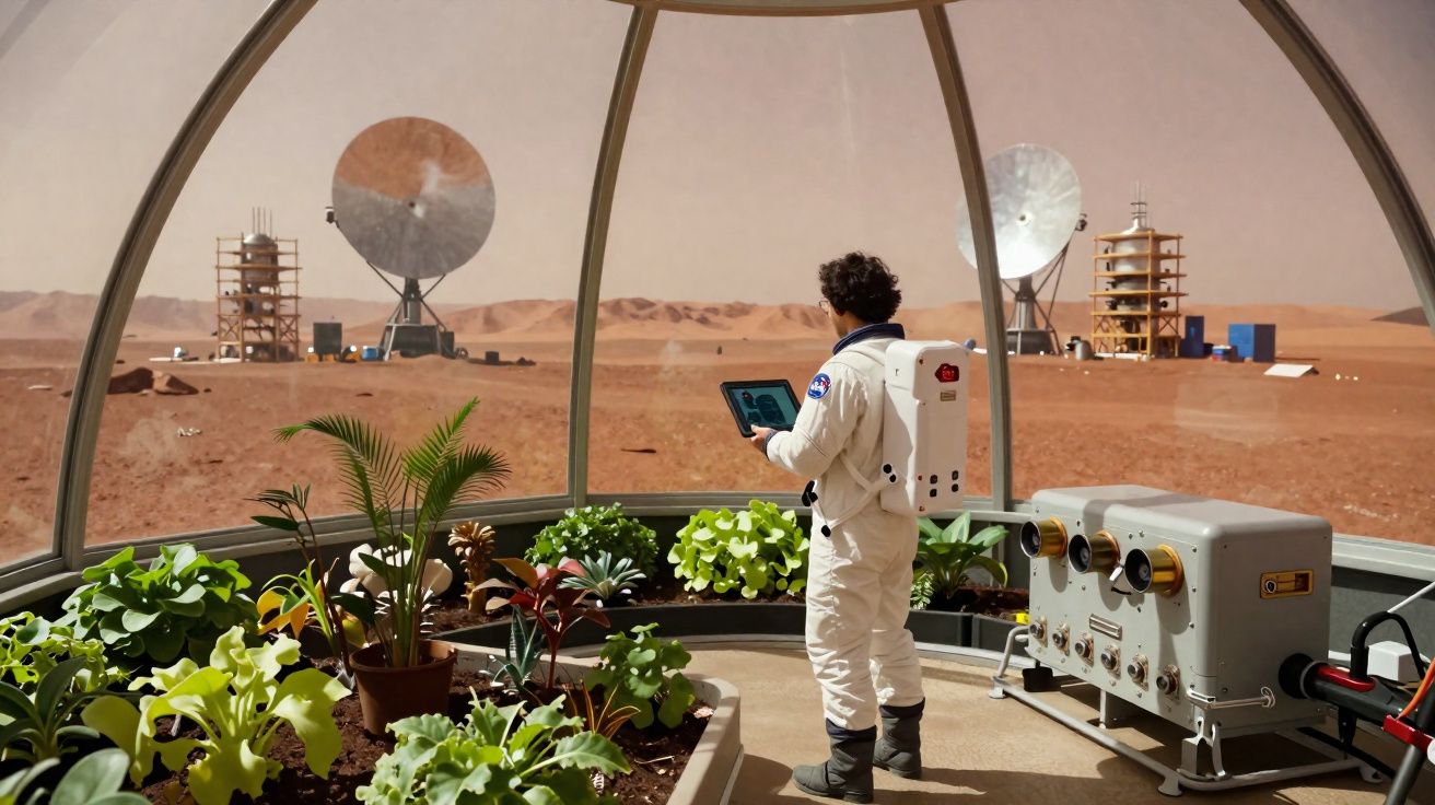 Astronauta em estufa no planeta Marte olhando plantas e segurando dispositivo eletrônico.