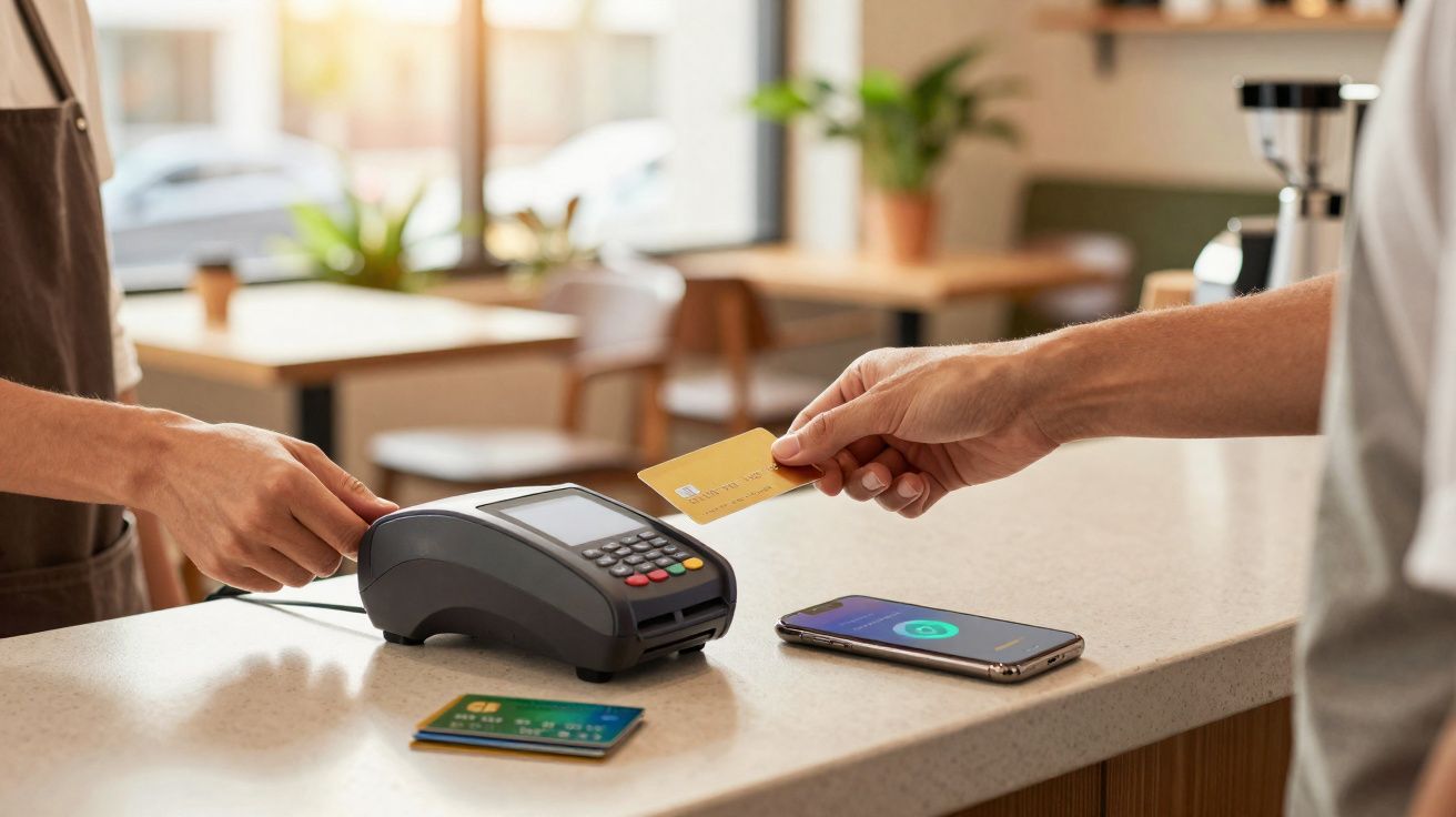Pessoa pagando com cartão de crédito em máquina de cartão no balcão de cafeteria com celular ao lado.