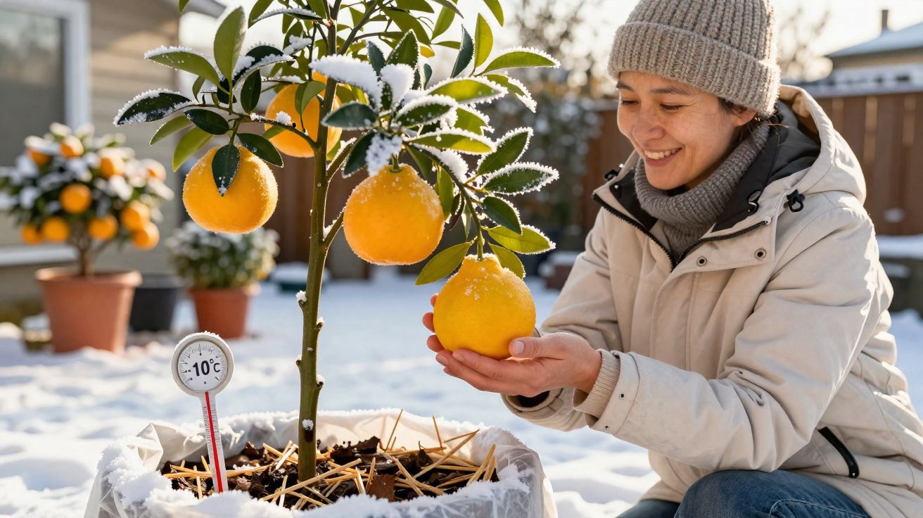 Mulher sorrindo segura fruta laranja em árvore com geada e neve no vaso em ambiente externo frio.