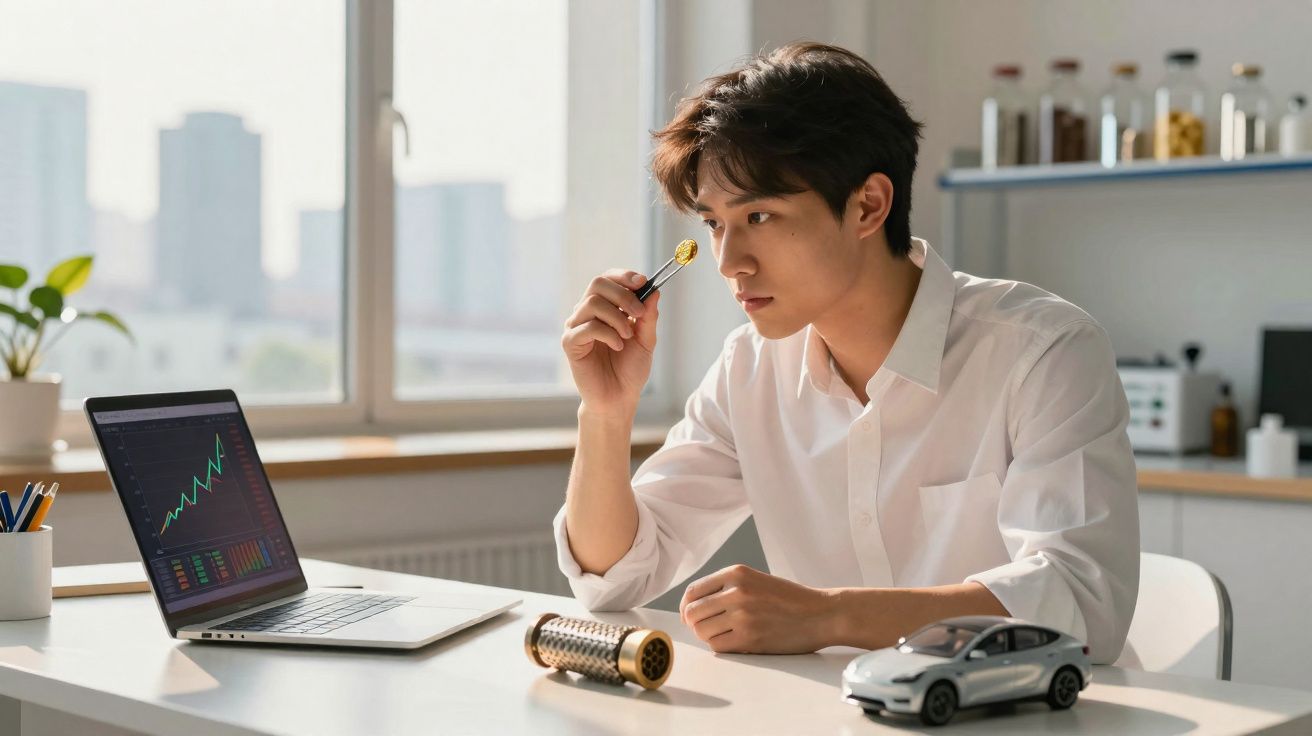 Homem analisa moeda de ouro perto de laptop com gráfico financeiro e carro em miniatura sobre mesa.