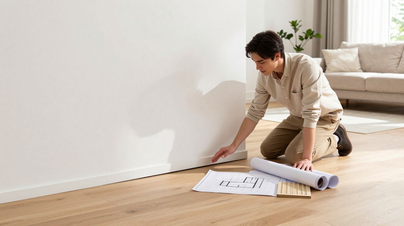 Homem ajoelhado analisando planta baixa e amostra de piso de madeira em sala clara e moderna.