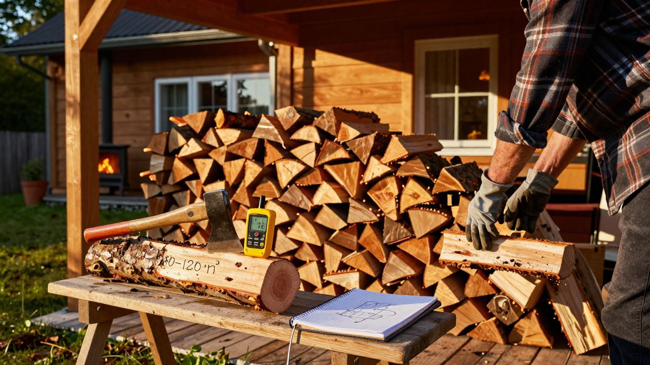 Pessoa empilhando lenha ao lado de casa de madeira com machado e caderno sobre banco.