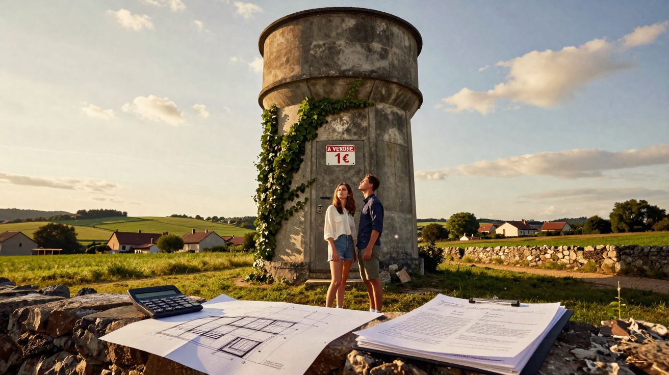 Casal observa torre antiga com placa de venda por 1 euro em área rural com planta baixa e documentos sobre muro.