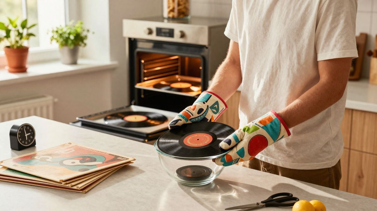 Pessoa usando luvas protetoras retirando disco de vinil do forno em cozinha iluminada.