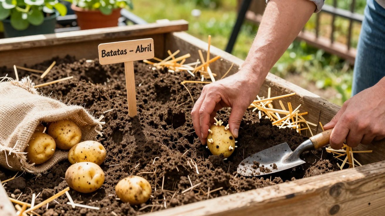 Mãos plantando batatas em canteiro de madeira com placa escrita "Batatas – Abril" e saco de estopa ao lado.