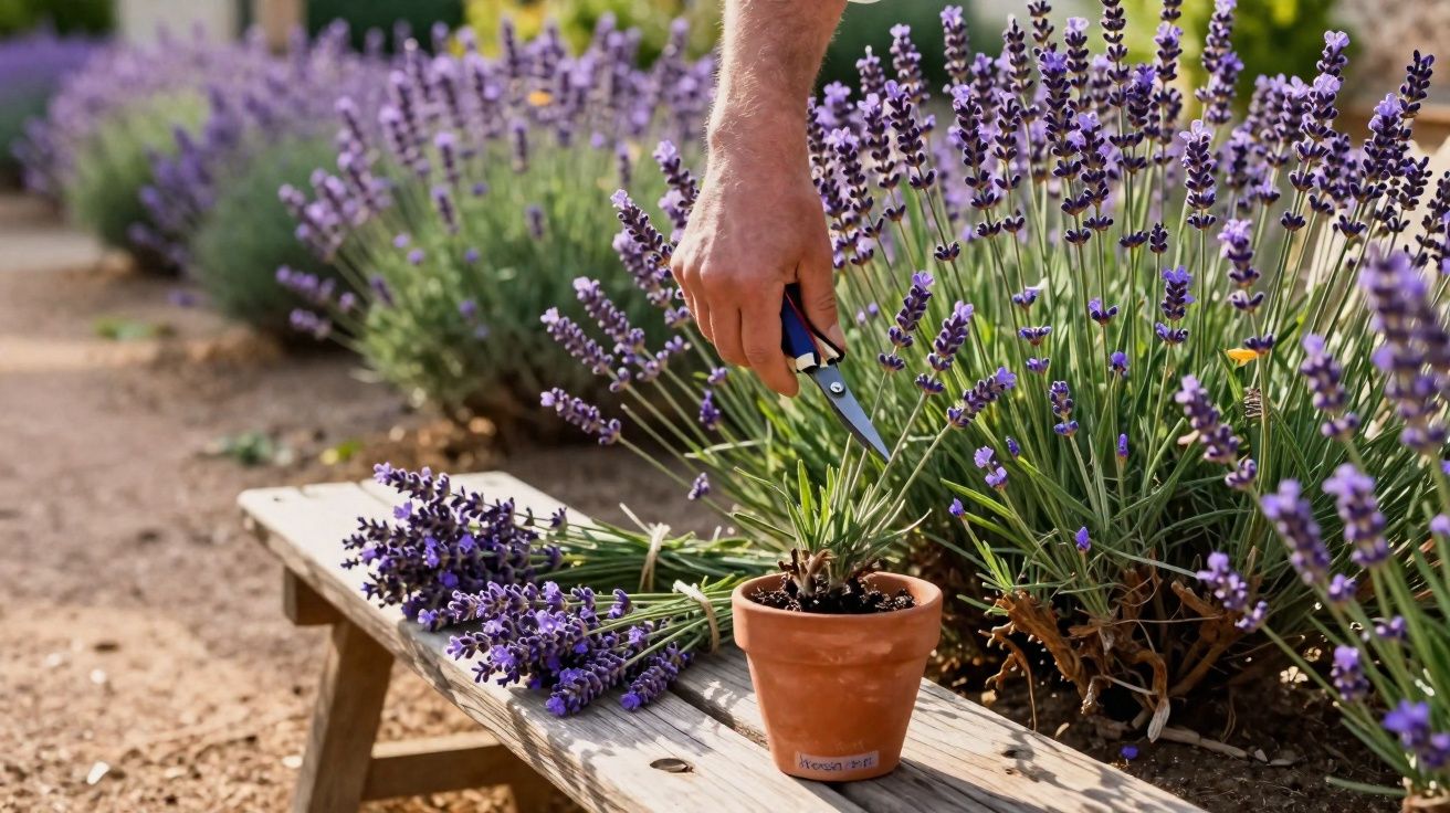 Pessoa podando planta em vaso de barro ao lado de um canteiro florido de lavandas roxas.