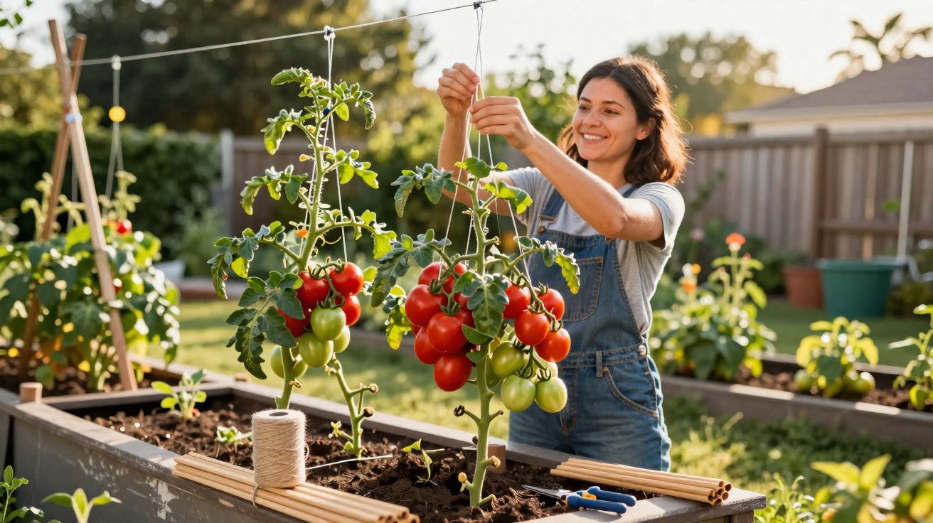 Mulher sorridente cuidando de plantas de tomate com frutos verdes e vermelhos em jardim ensolarado.