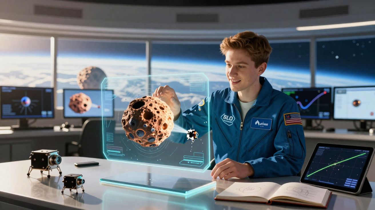 Jovem astronauta interage com modelo holográfico de asteróide em sala de controle espacial futurista.