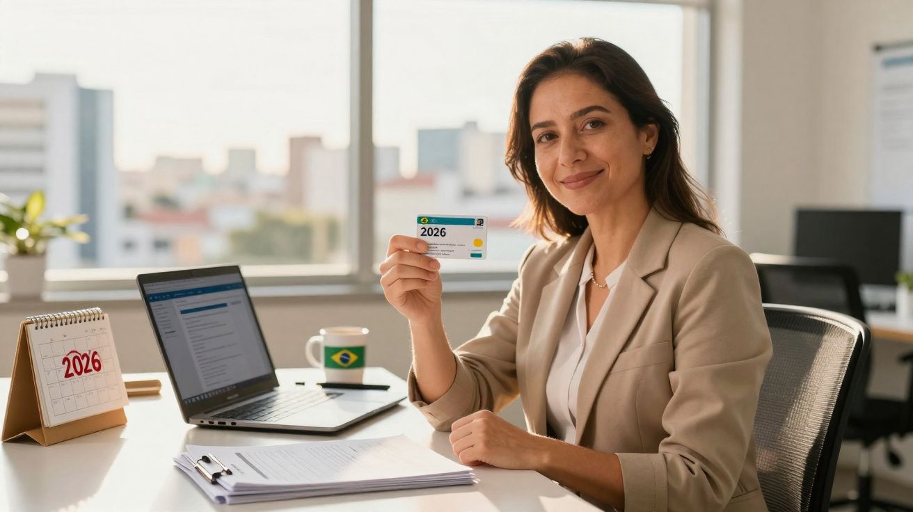 Mulher sorridente em escritório segurando cartão com ano 2026, laptop e calendário ao fundo.