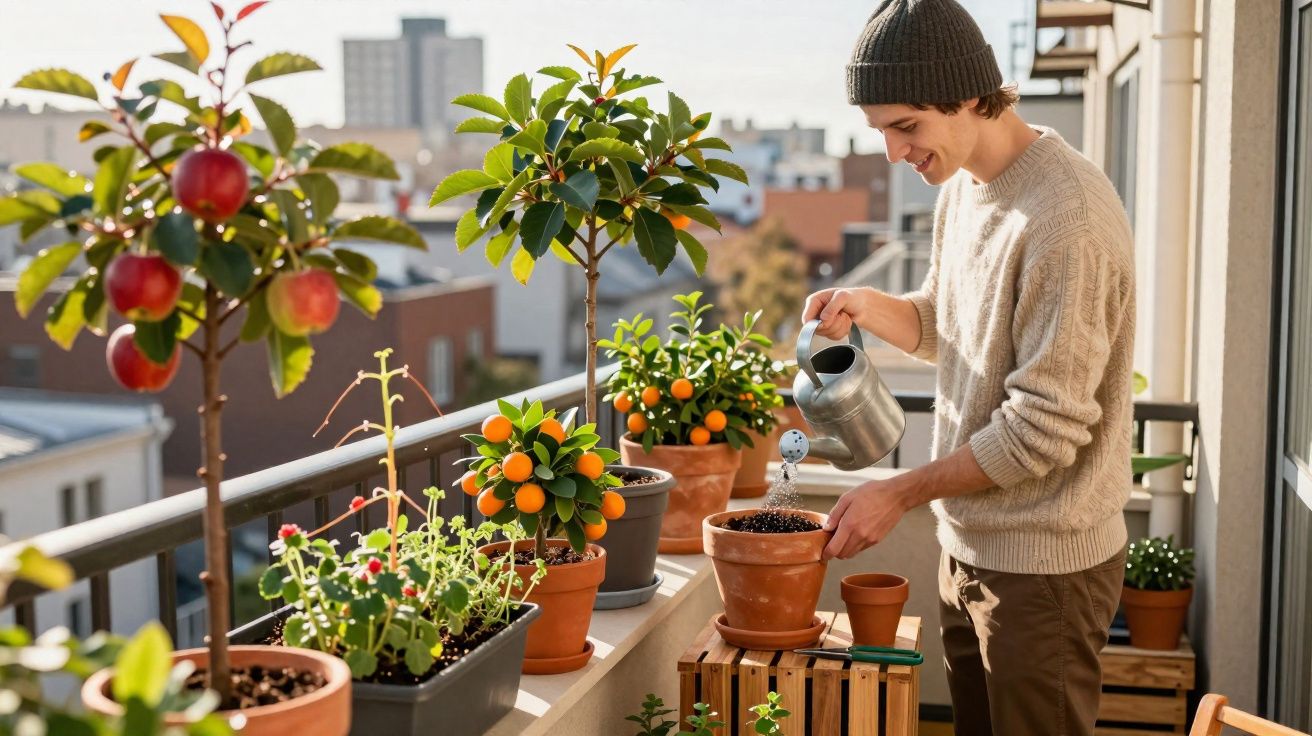 Homem regando plantas em vasos em uma varanda ensolarada de apartamento na cidade.
