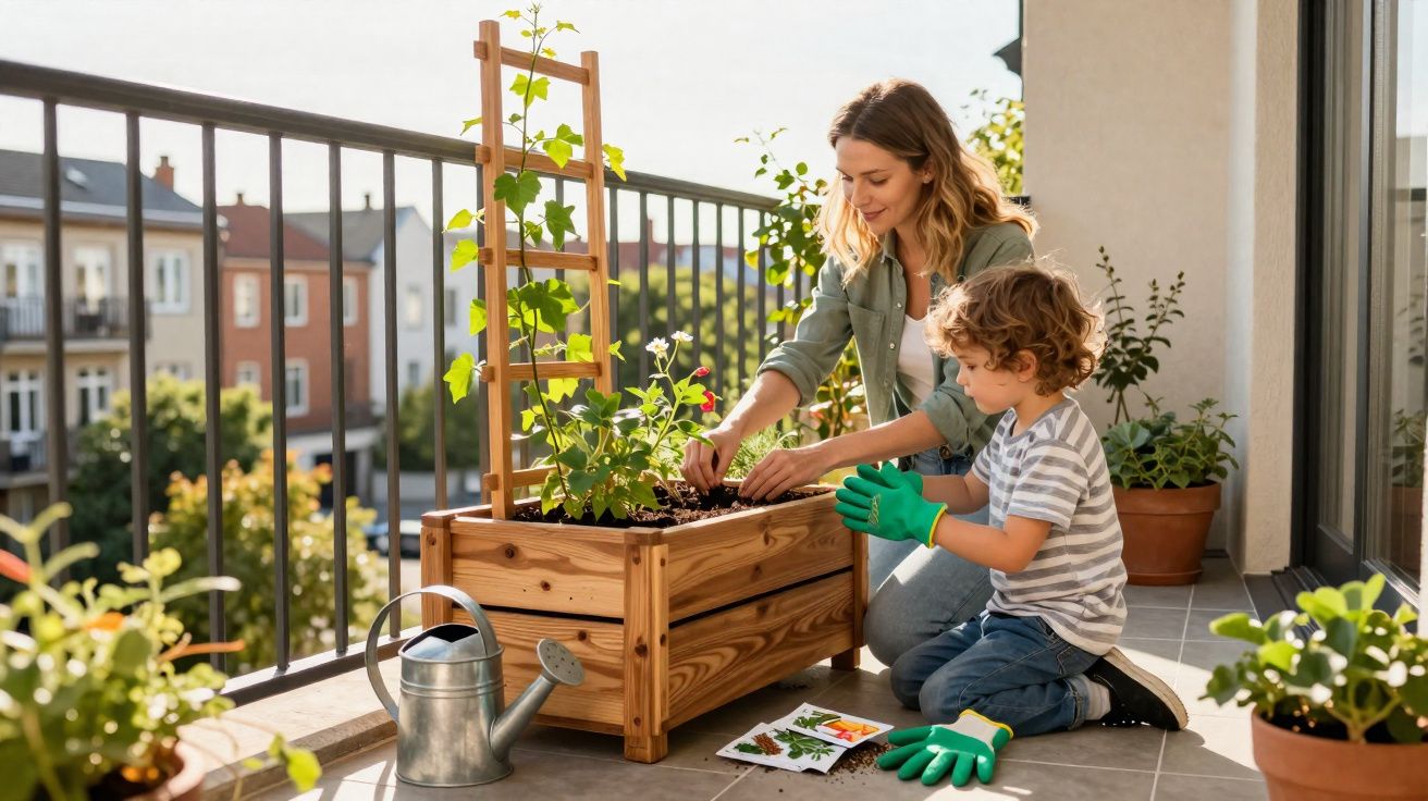Mulher e menino cuidando de plantas em varanda com caixa de madeira e regador metálico.