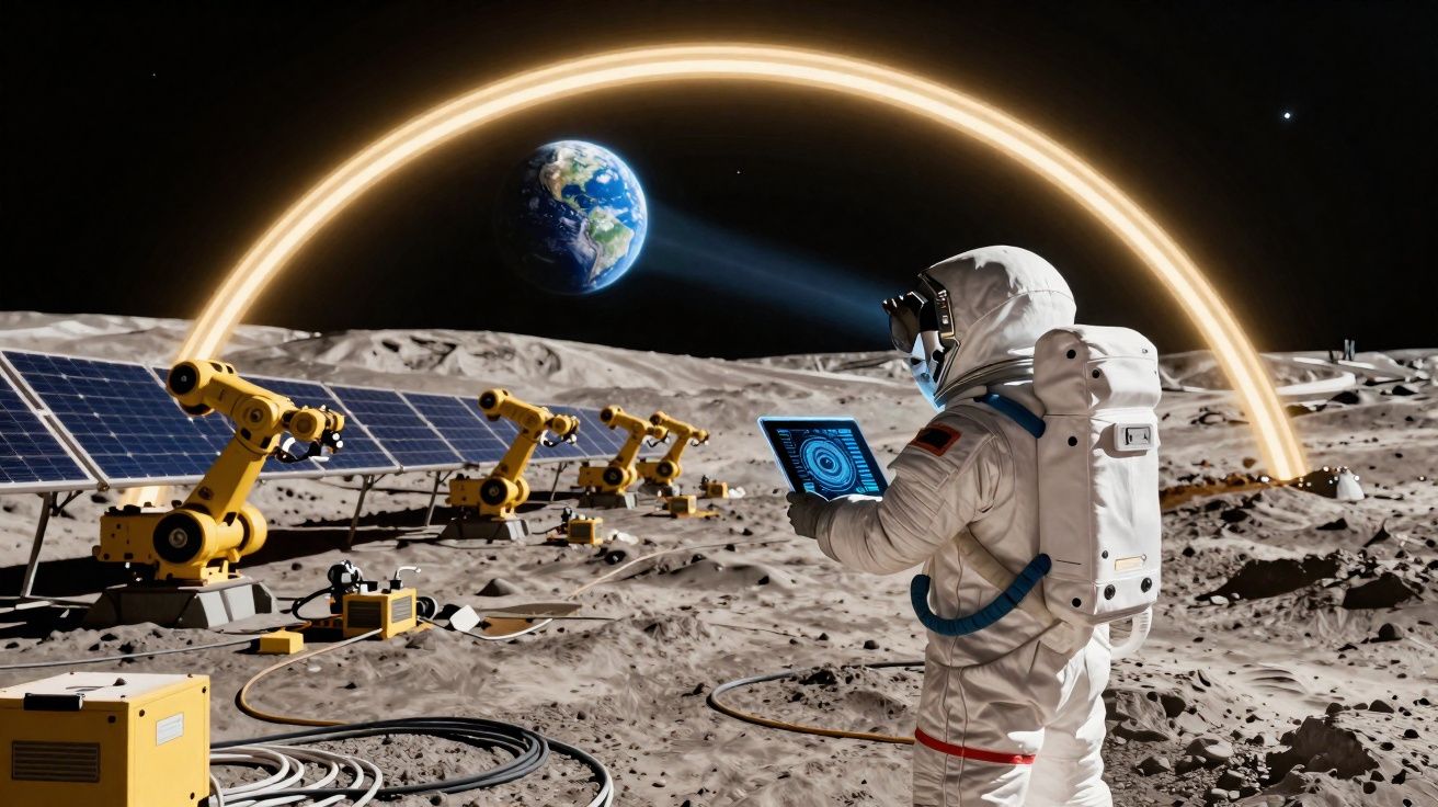 Astronauta na lua operando tablet, com painéis solares, braços robóticos e Terra ao fundo.