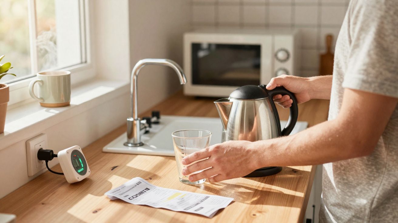 Pessoa segurando copo e chaleira elétrica em cozinha clara com conta de luz sobre a bancada de madeira.