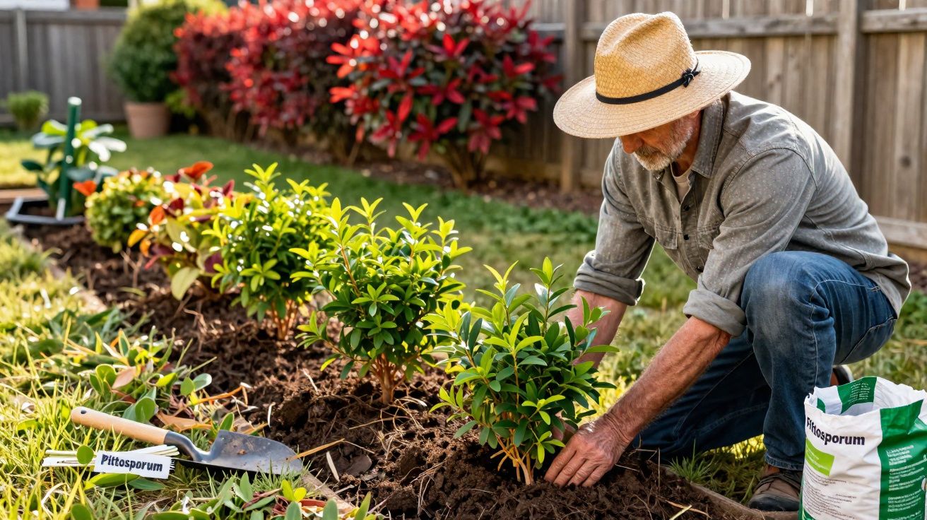 Homem com chapéu plantando arbustos em jardim ensolarado com ferramentas e saco de adubo ao lado.