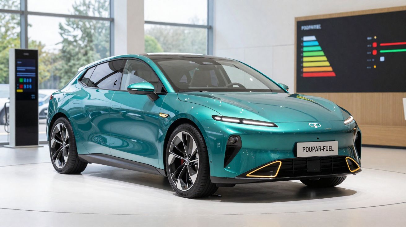 Carro elétrico moderno verde metálico exibido em salão de automóveis com design aerodinâmico e luzes LED.