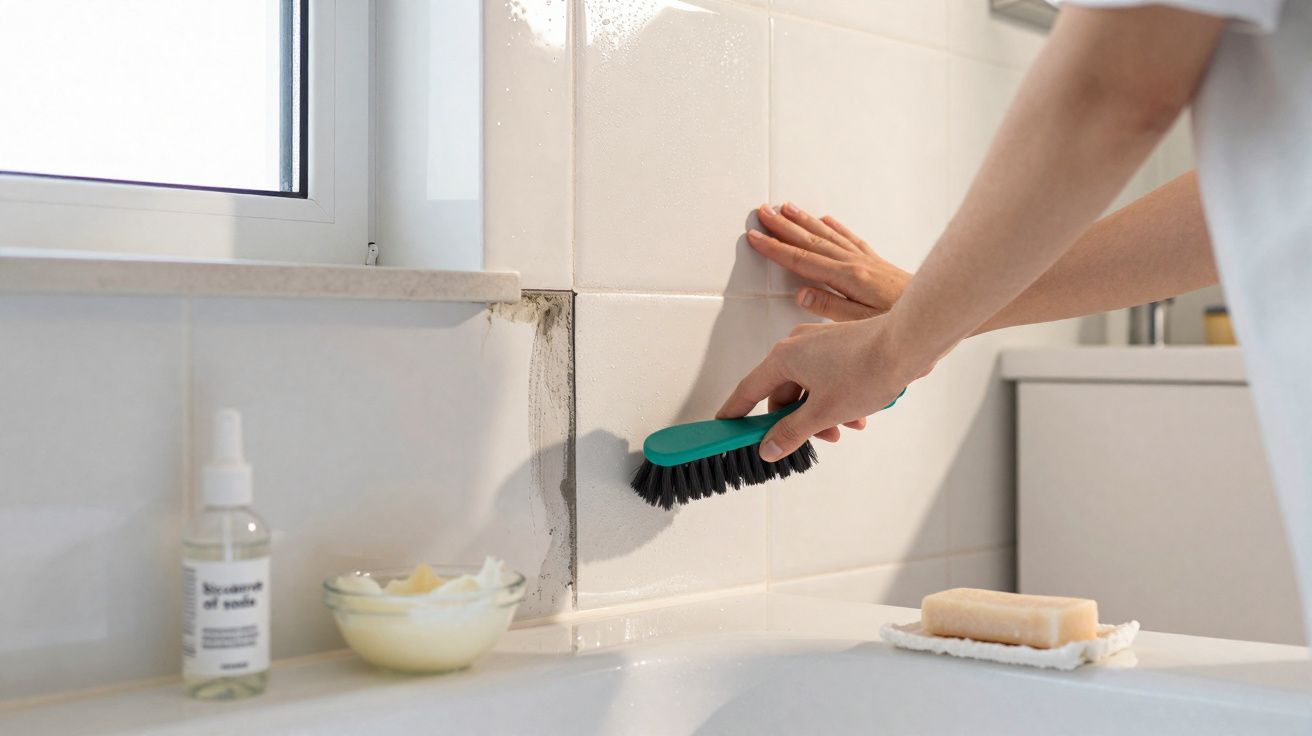 Pessoa limpando sujeira preta entre azulejos brancos com escova em banheiro iluminado por janela.