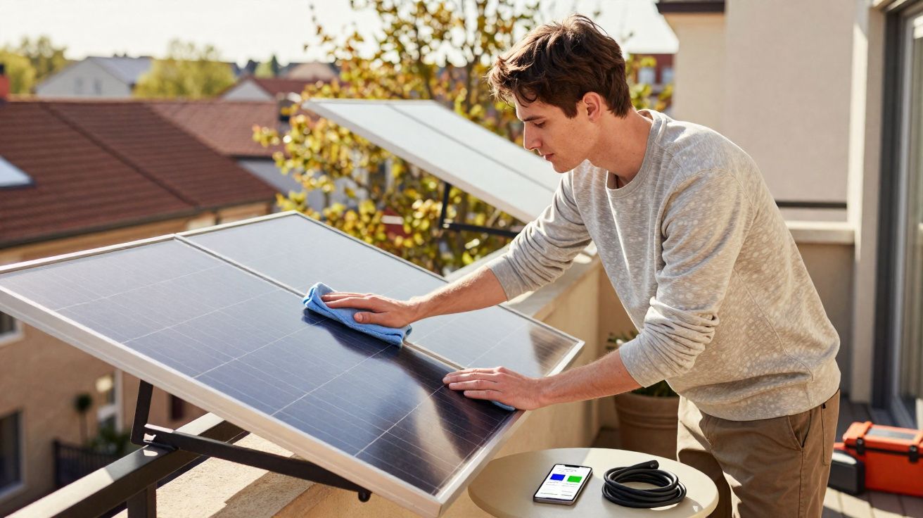 Homem limpando painel solar em varanda ensolarada com celular e cabos numa mesa ao lado.