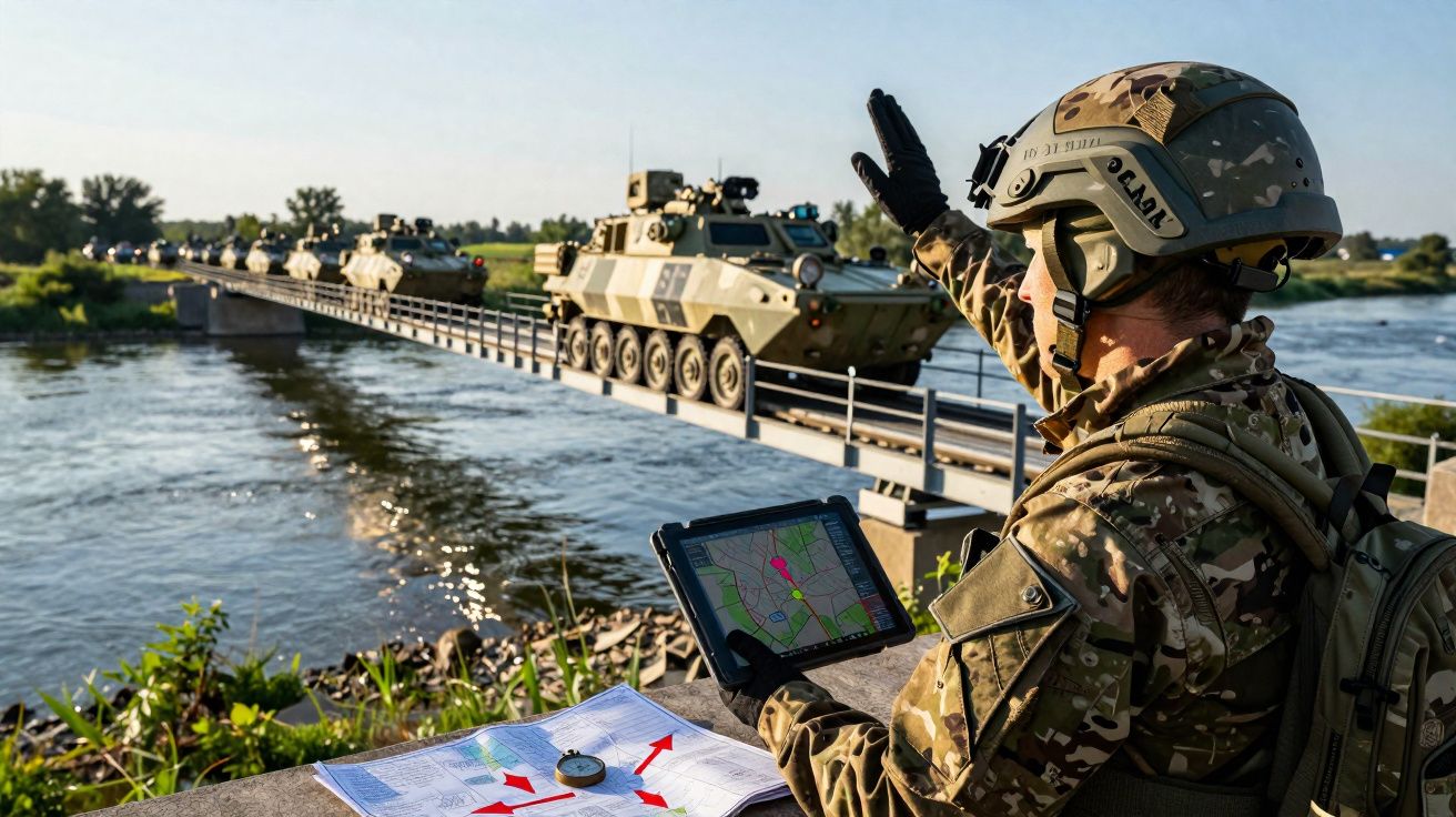 Militar com tablet e mapa orienta passagem de veículos blindados por ponte sobre rio.