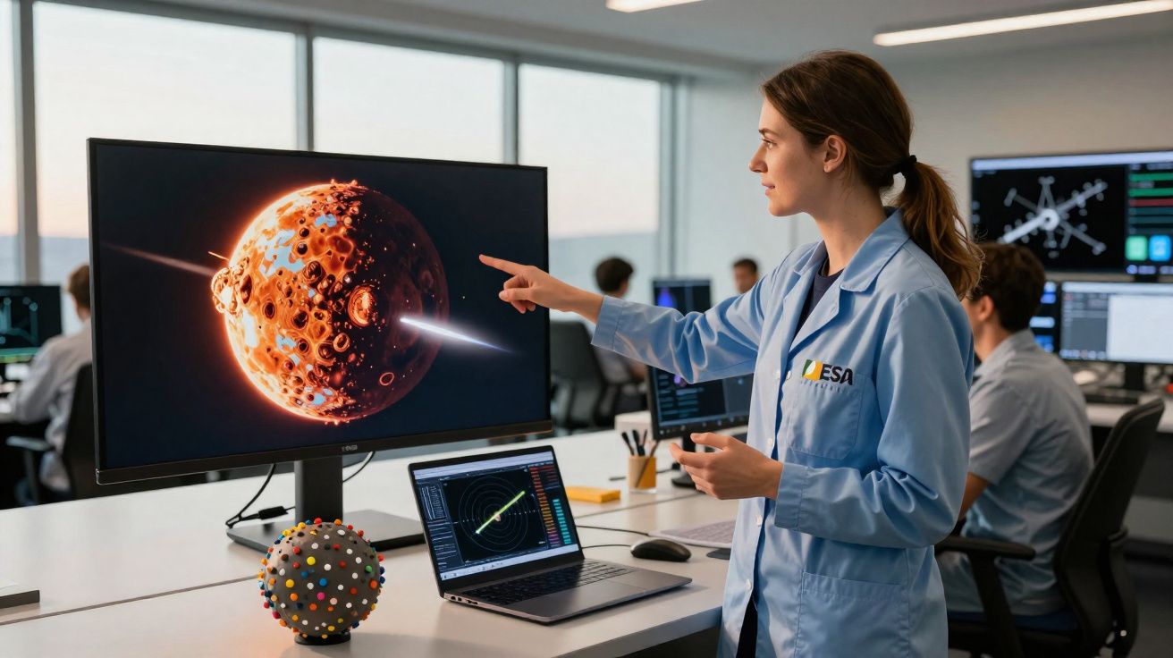 Mulher cientista apontando para imagem de planeta vermelho em tela de computador em laboratório.