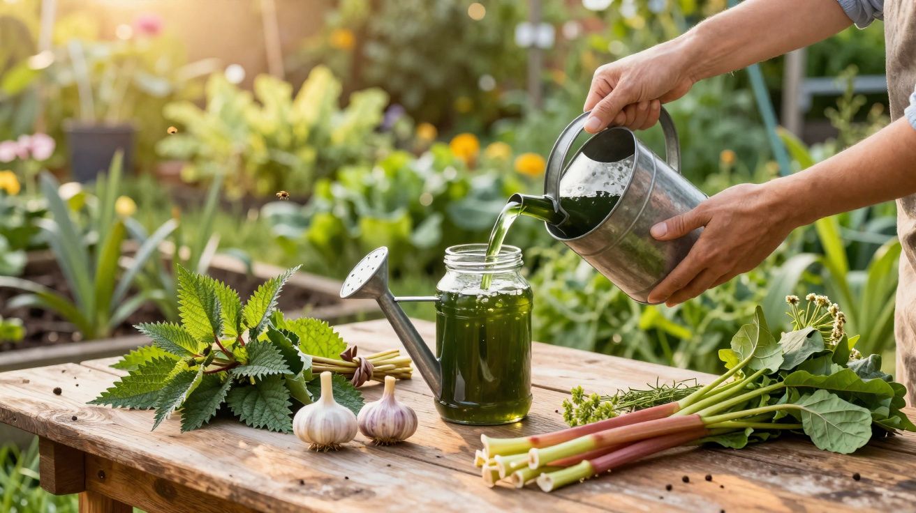 Pessoa despejando chá verde em jarra de vidro em mesa de madeira com plantas e alho ao redor.
