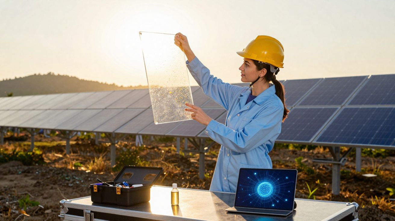Mulher engenheira em capacete inspeciona painel solar transparente em campo de energia solar ao pôr do sol.