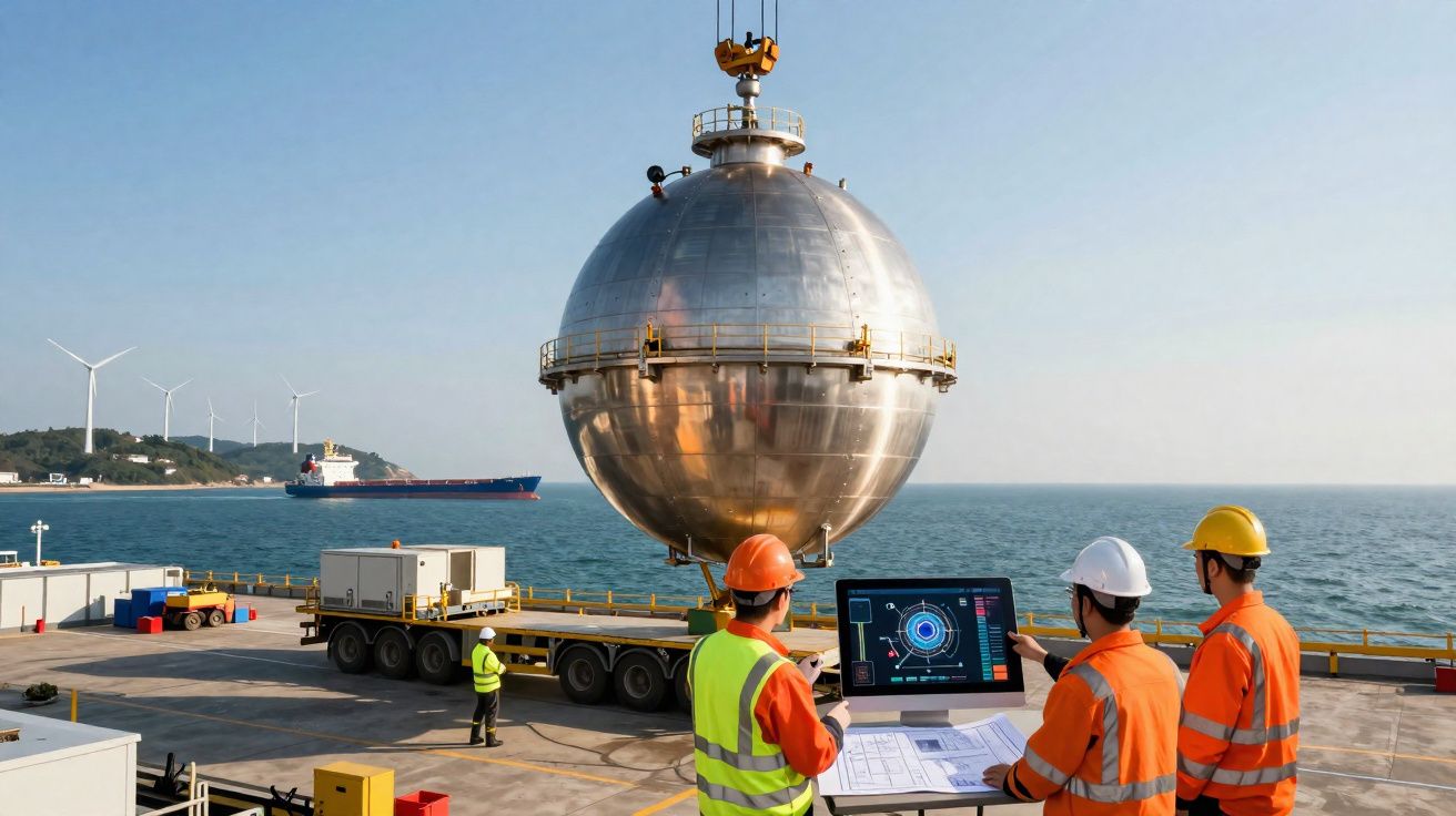 Três trabalhadores com capacetes observam e controlam guindaste que ergue esfera metálica em porto com mar ao fundo.