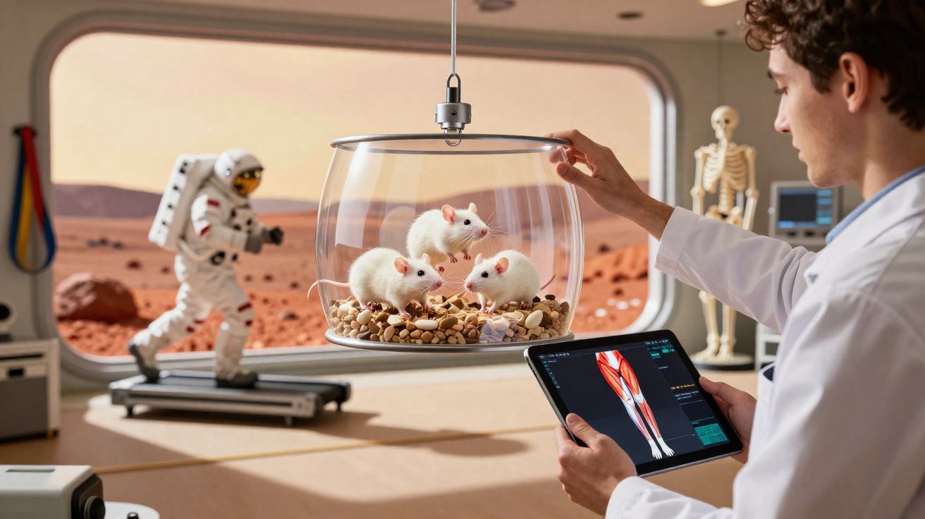 Cientista observa três camundongos em cápsula suspensa em laboratório futurista com astronauta e cenário marciano.