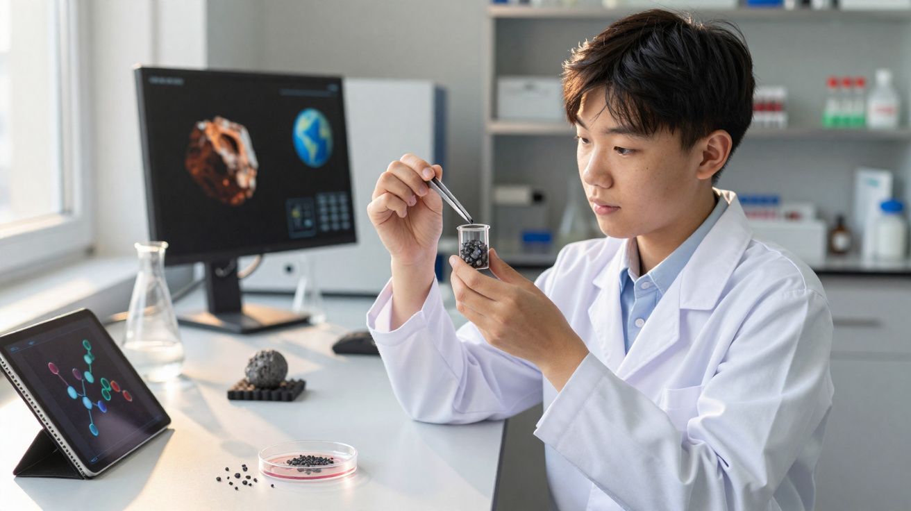 Cientista jovem analisando amostras de rochas em laboratório com equipamentos digitais ao fundo.