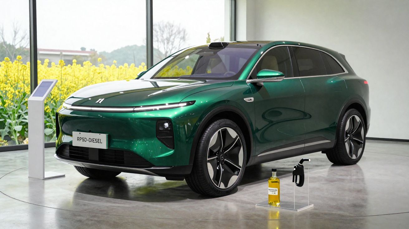 Carro SUV verde metálico exposto em salão com vidros e flores amarelas ao fundo.