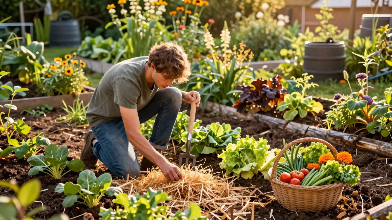 Jovem cuidando de horta orgânica com legumes, verduras e flores em área ensolarada durante o dia.