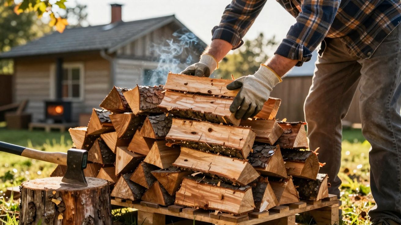 Pessoa empilhando lenha ao ar livre perto de uma casa de madeira com machado e fogo no fundo.