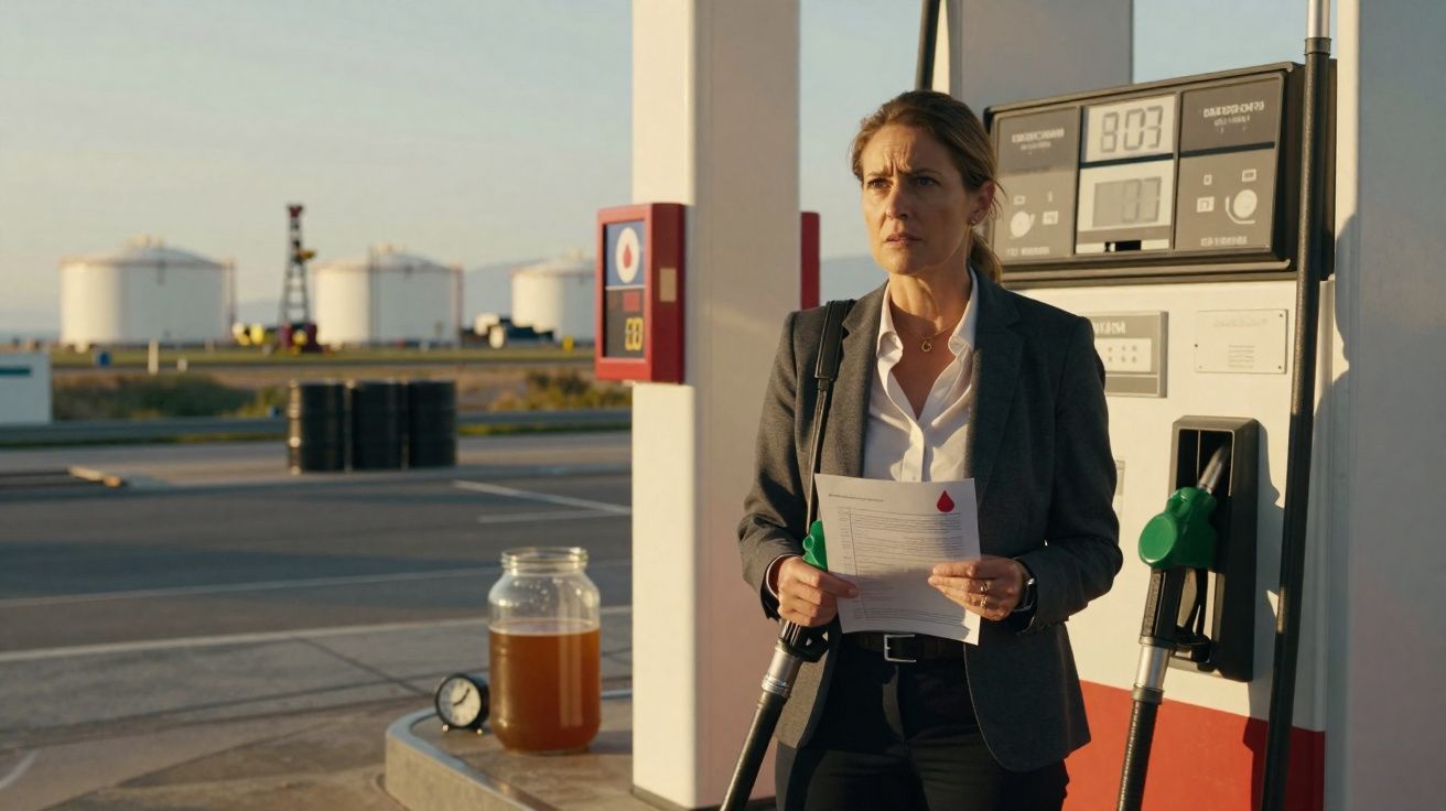 Mulher em frente a bomba de combustível em posto de gasolina com documentos na mão ao pôr do sol.