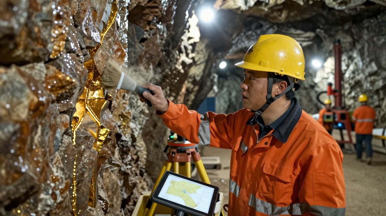 Homem com capacete e roupa laranja inspecciona veios dourados em mina subterrânea com lanterna.