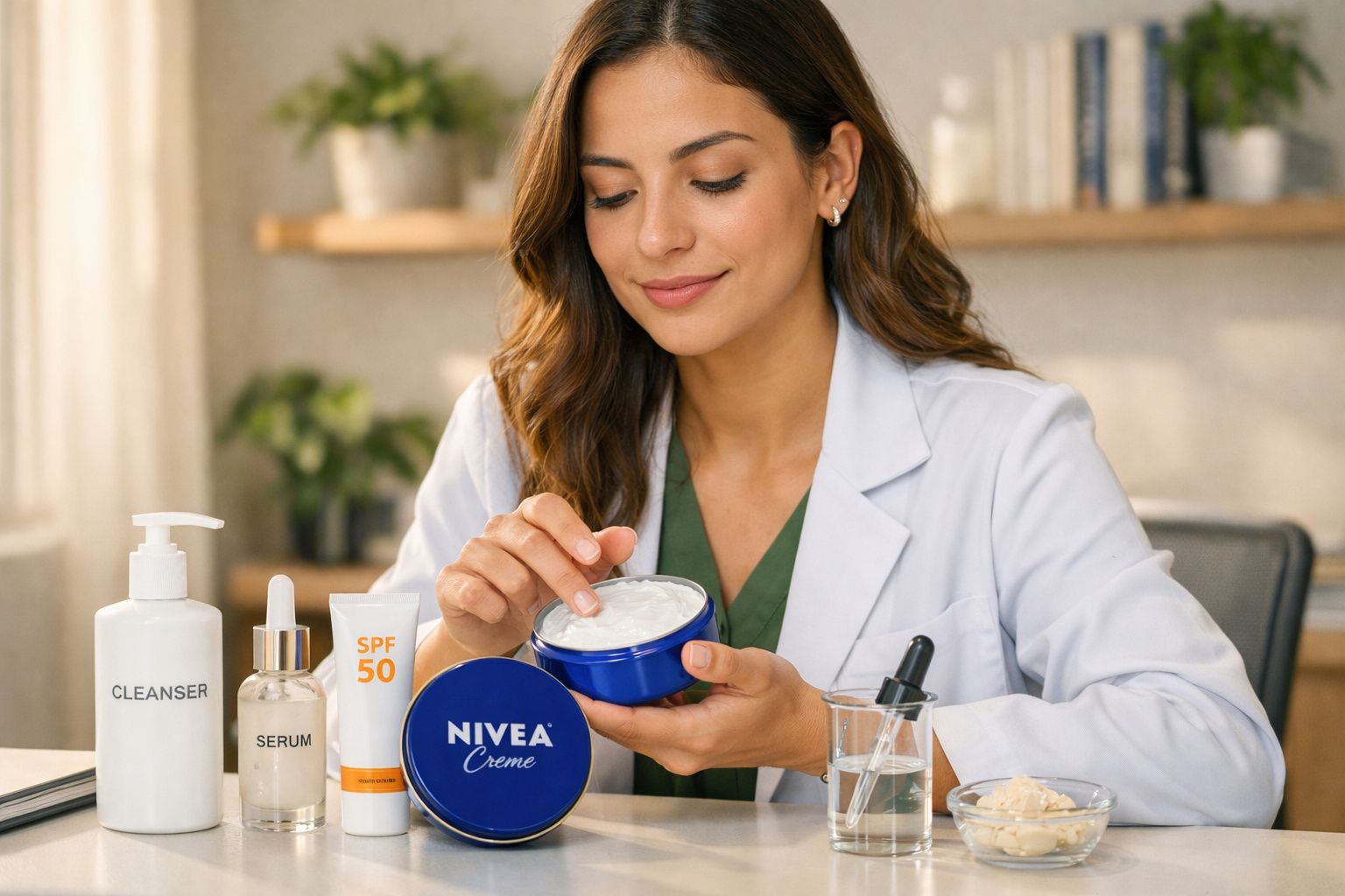 Mulher em jaleco aplica creme Nivea em uma sala com produtos de cuidados com a pele sobre a mesa.