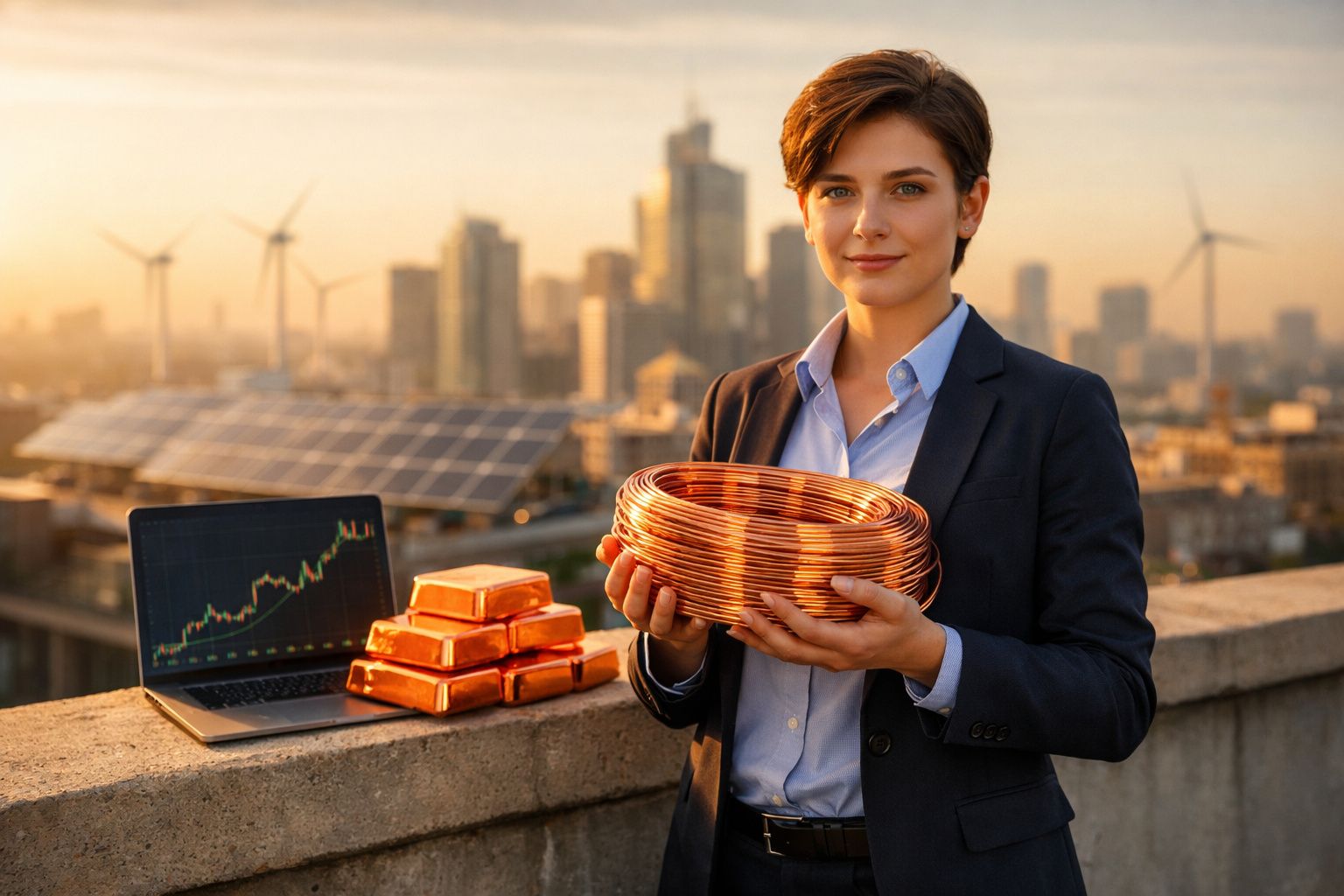 Mulher de terno segura bobina de fio de cobre, ao lado de barras de ouro e laptop com gráfico, fundo urbano.