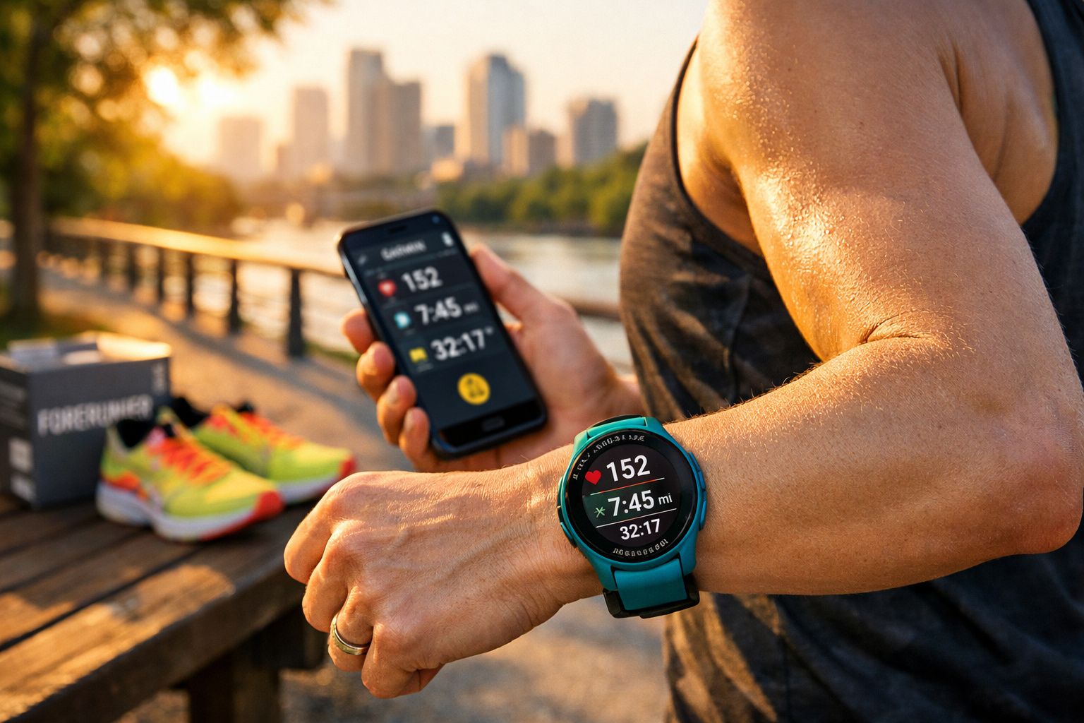 Pessoa com relógio esportivo e celular mostrando dados de exercício ao ar livre em área urbana ao entardecer.