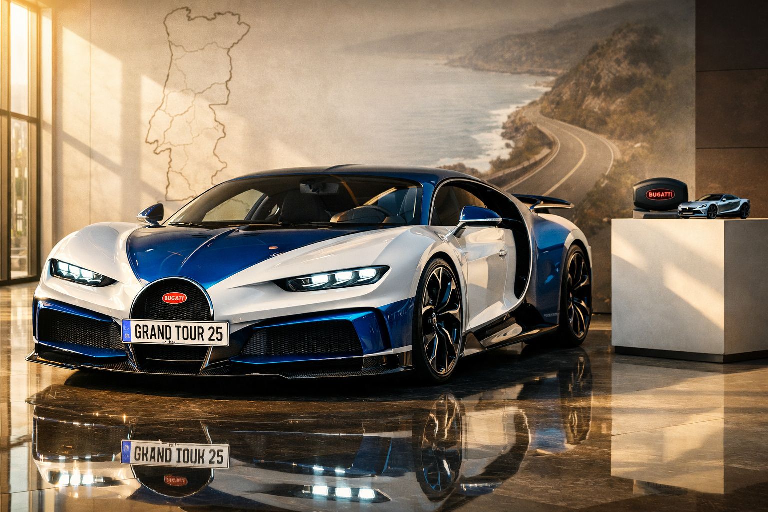 Carro esportivo Bugatti azul e branco em showroom com placa "GRAND TOUR 25" e miniatura ao lado.