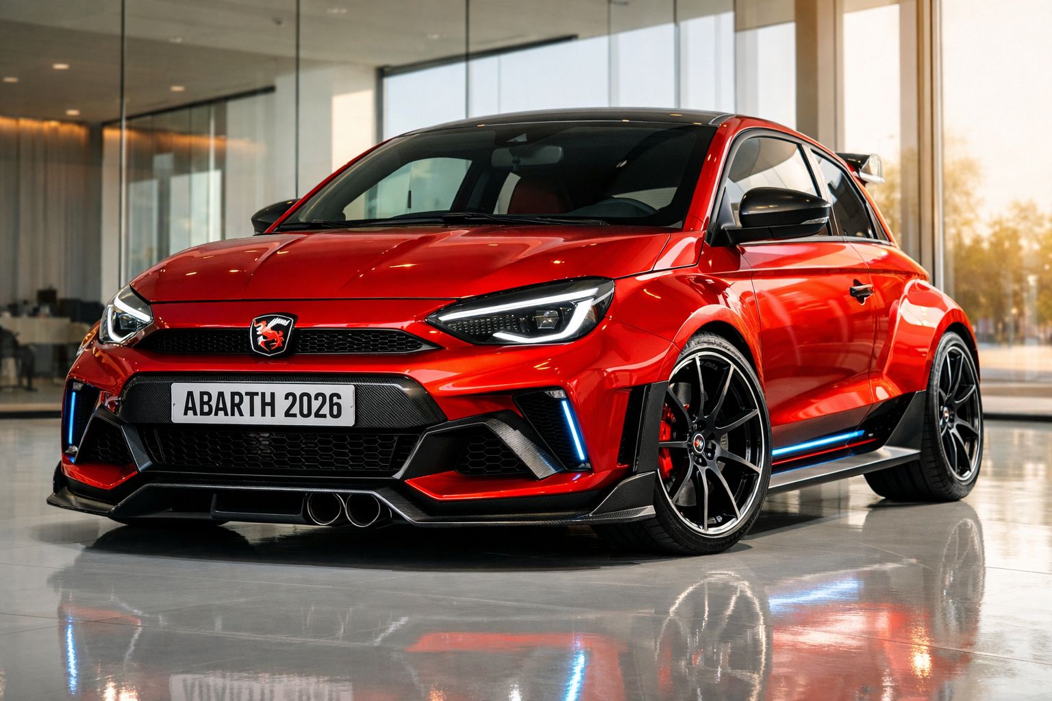 Carro esportivo vermelho Abarth 2026 estacionado em ambiente interno com rodas pretas e detalhes em azul.