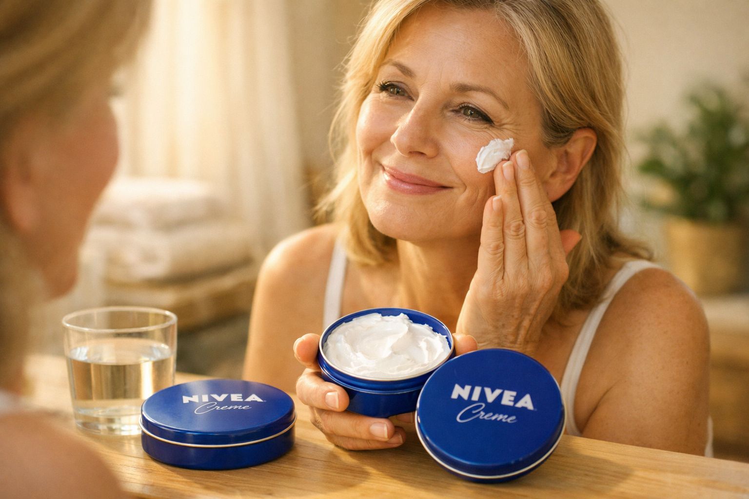 Mulher aplicando creme Nivea no rosto, olhando no espelho com sorriso suave.