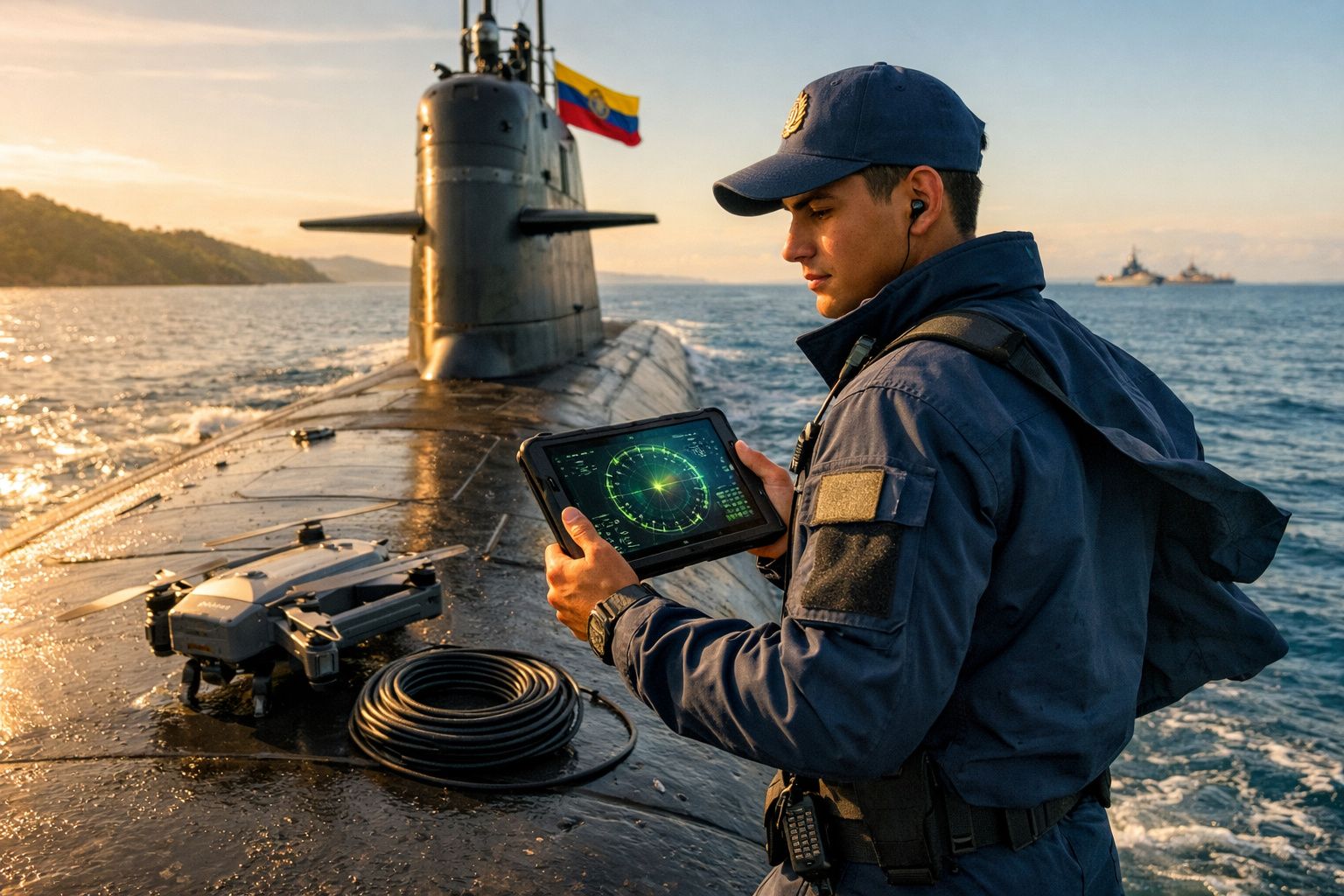 Marinheiro usa tablet com radar em submarino no mar ao pôr do sol com drone e bandeira aparecendo.